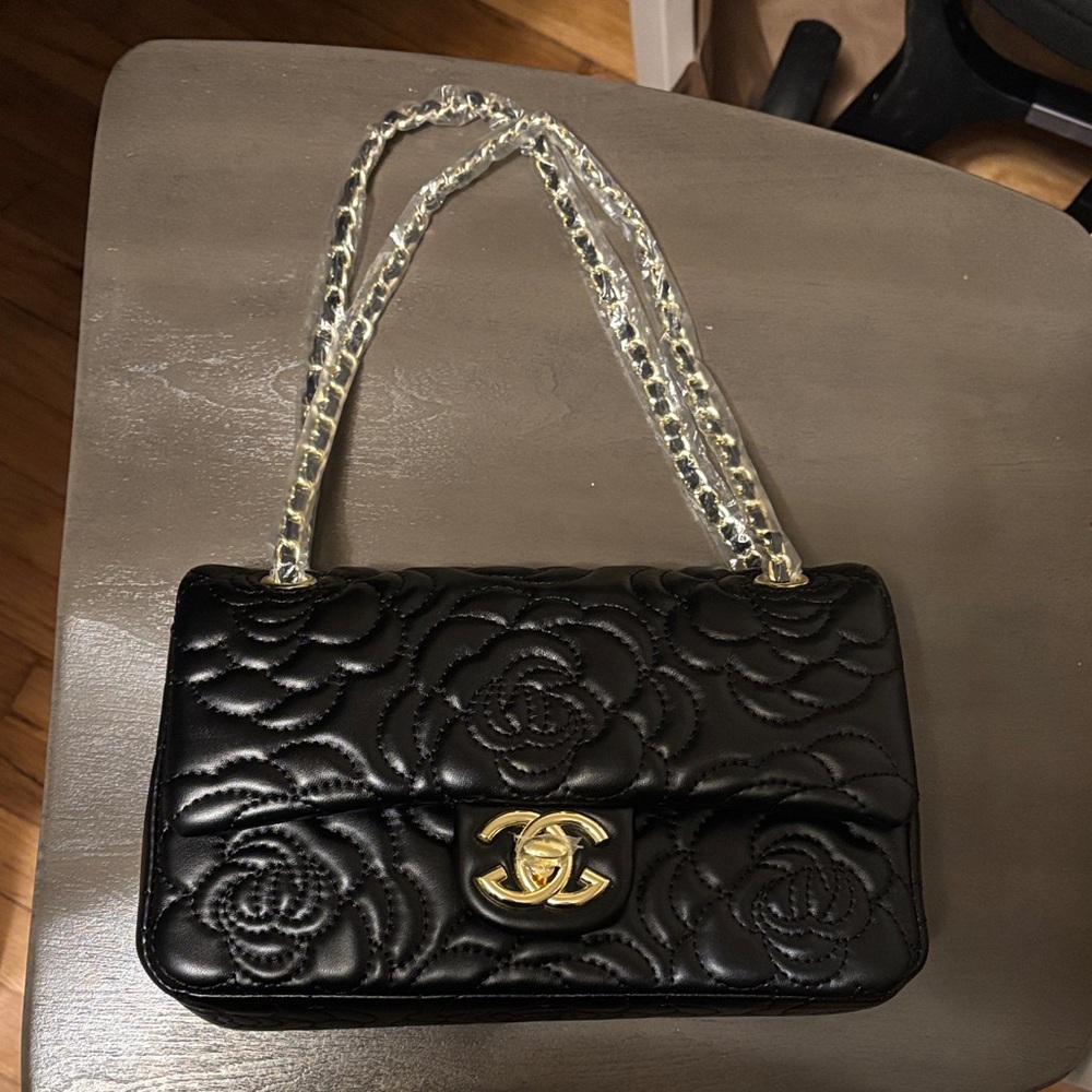 Leather Black Floral Quilted Shoulder Bag